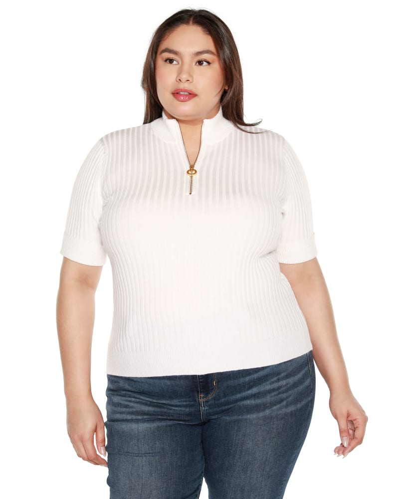 Front of a model wearing a size 3X Plus Size Ribbed Zip Mock Neck Sweater in White by Belldini Black Label. | dia_product_style_image_id:347249